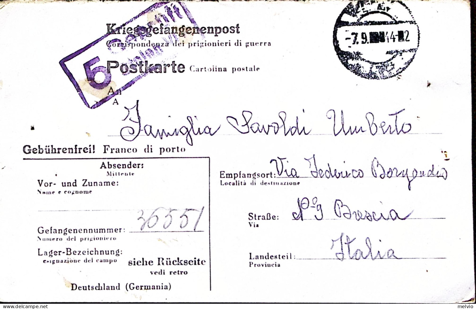 1944-STALAG VI F Su Cartolina Franchigia Da Prigioniero Guerra Italiano In Germa - Weltkrieg 1939-45