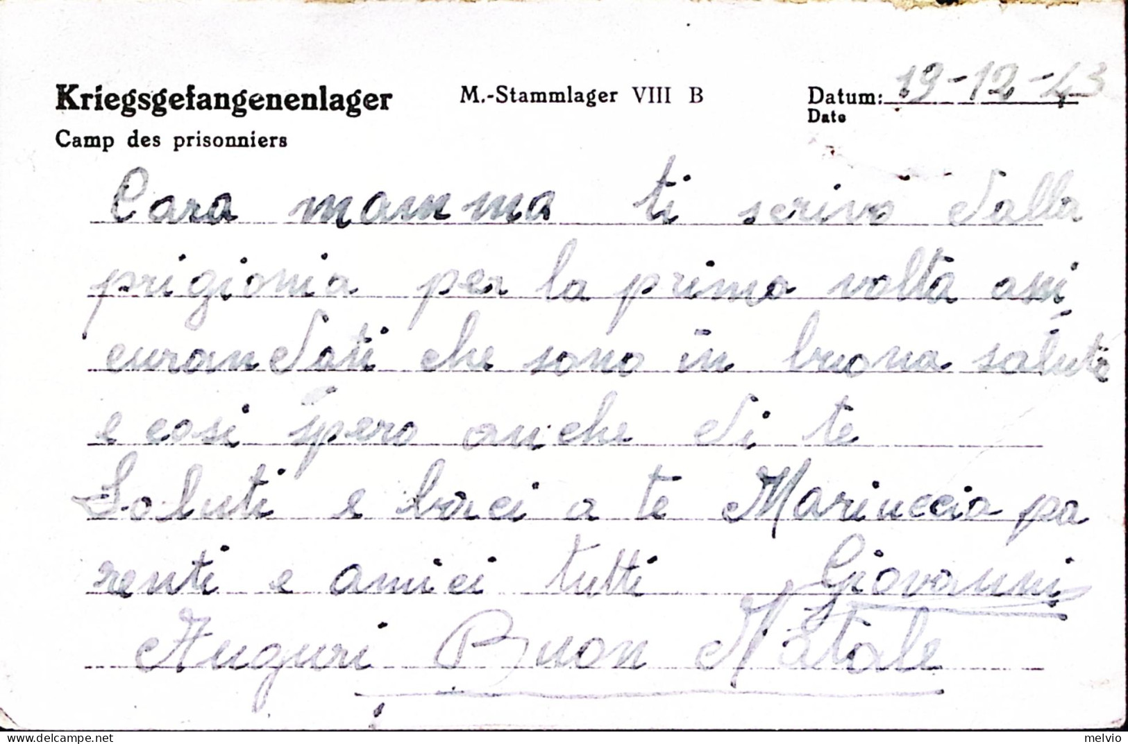 1943-STALAG VIII^B Su Cartolina Franchigia Da Prigioniero Guerra Italiano In Ger - Guerra 1939-45
