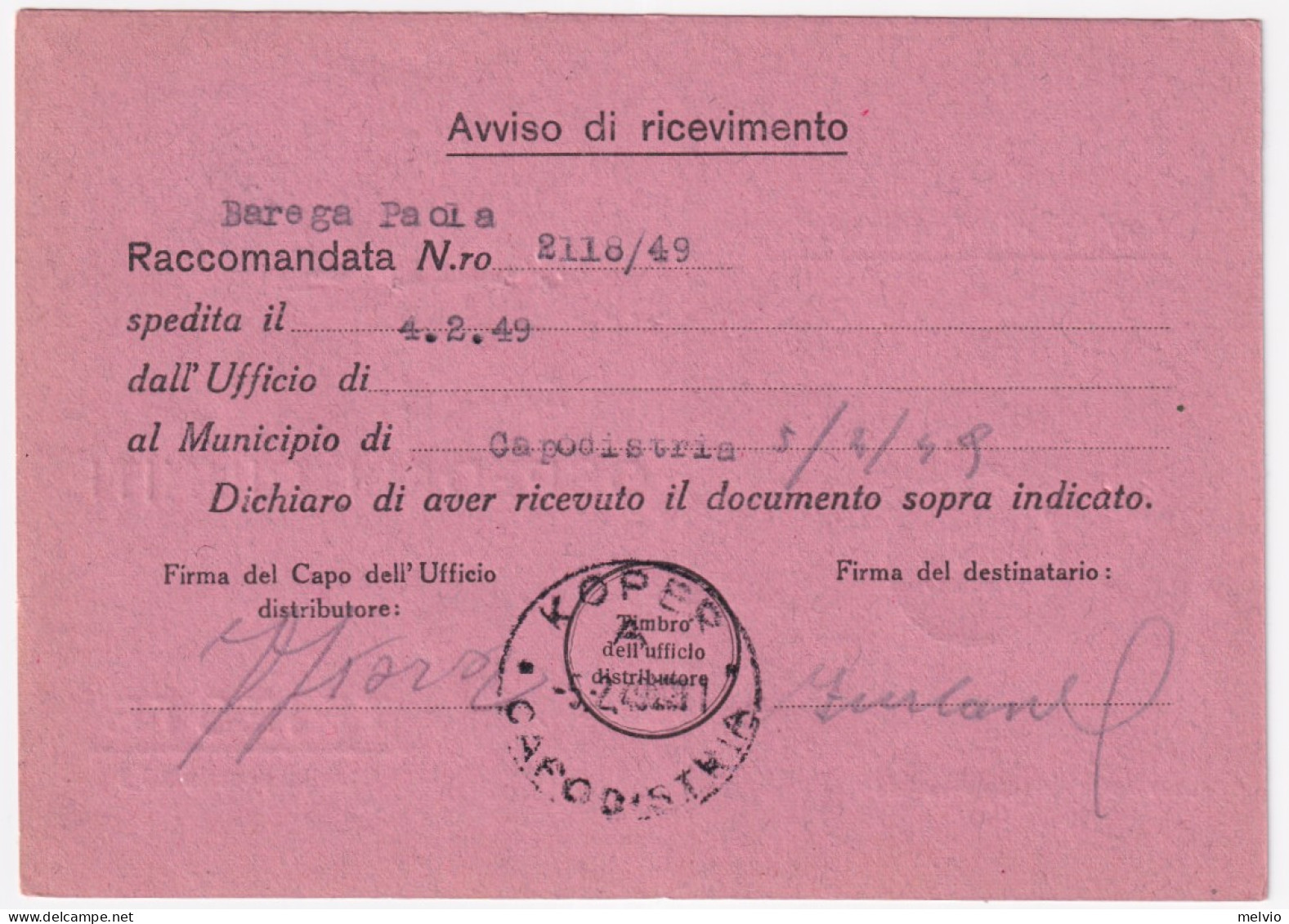 1949-AMG-FTT Democratica Sopr. Lire 15 Su Avviso Ricevimento - Poststempel