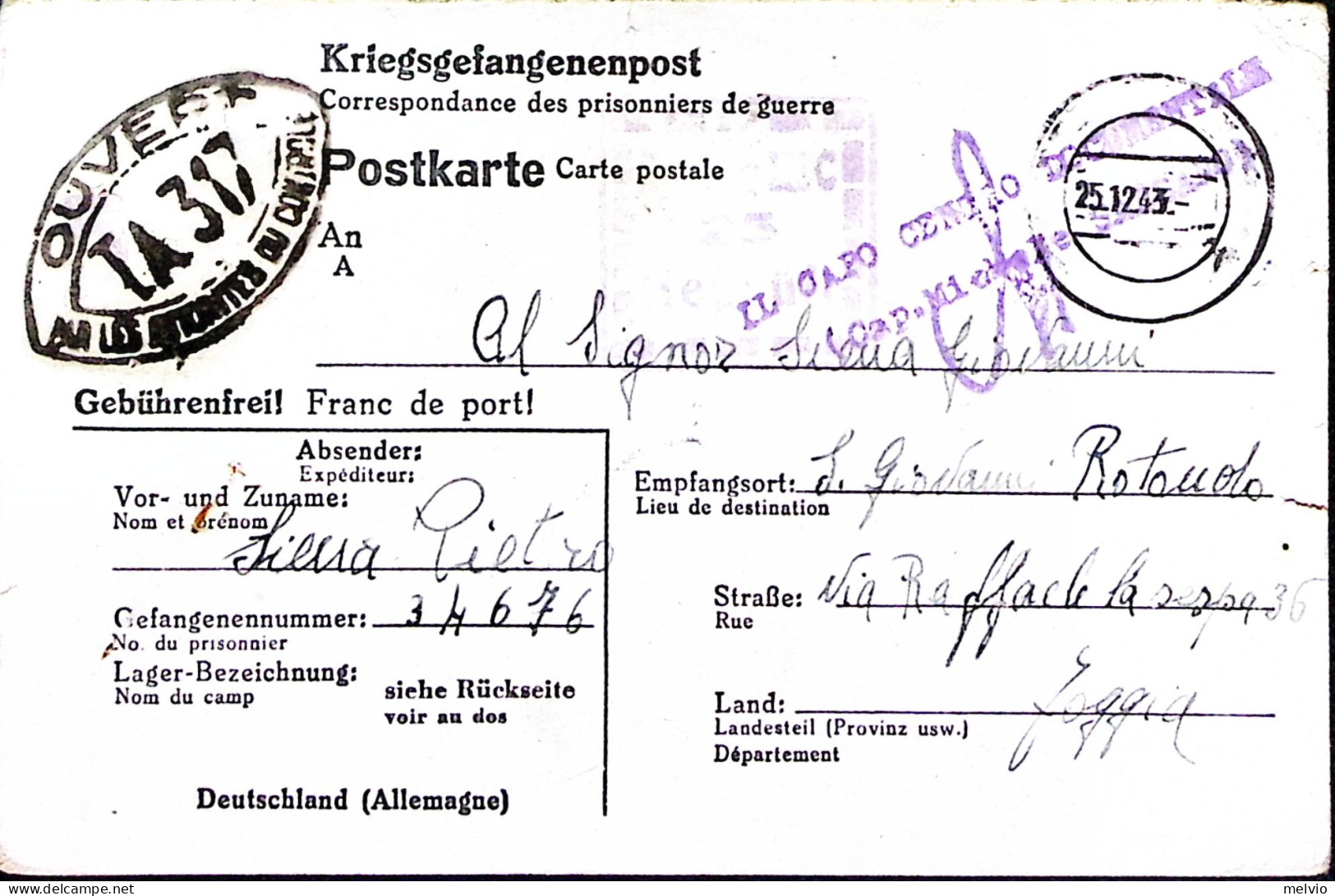 1943-STALAG III^C Su Cartolina Franchigia Da Prigioniero Guerra Italiano In Germ - Weltkrieg 1939-45