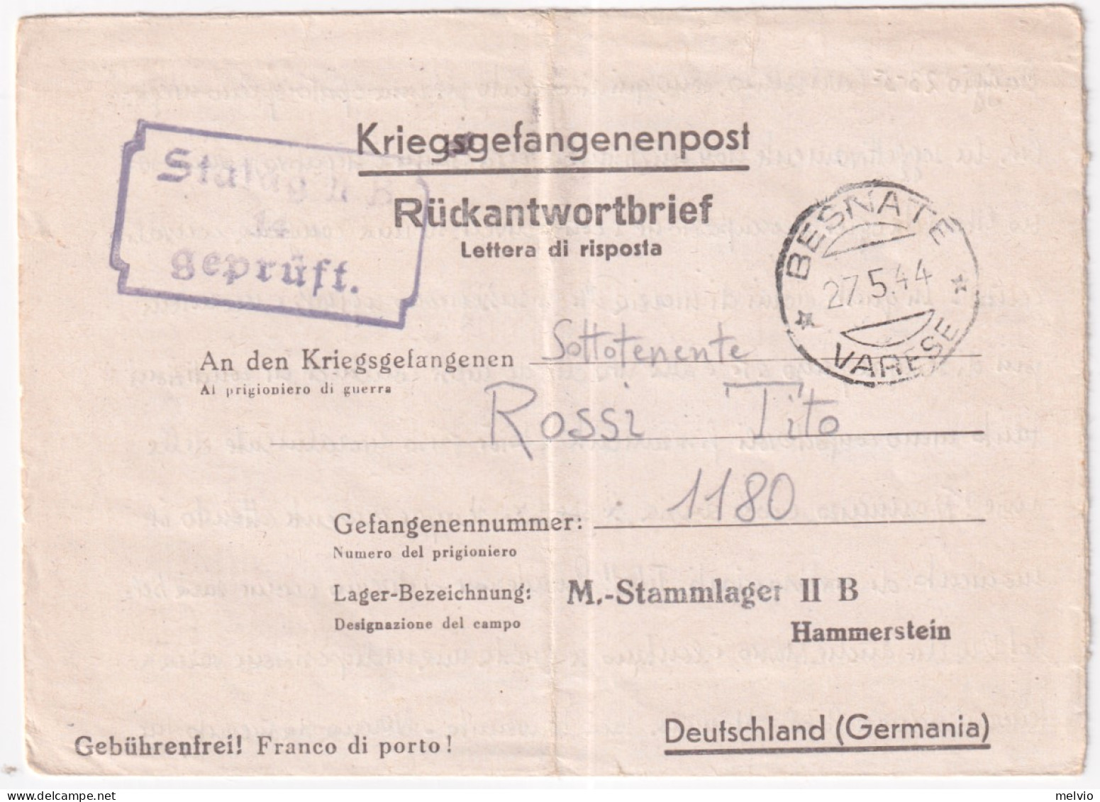 1944-STALAG II^B Su Risposta Biglietto Franchigia Di Lettera A Prigioniero Guerr - Weltkrieg 1939-45