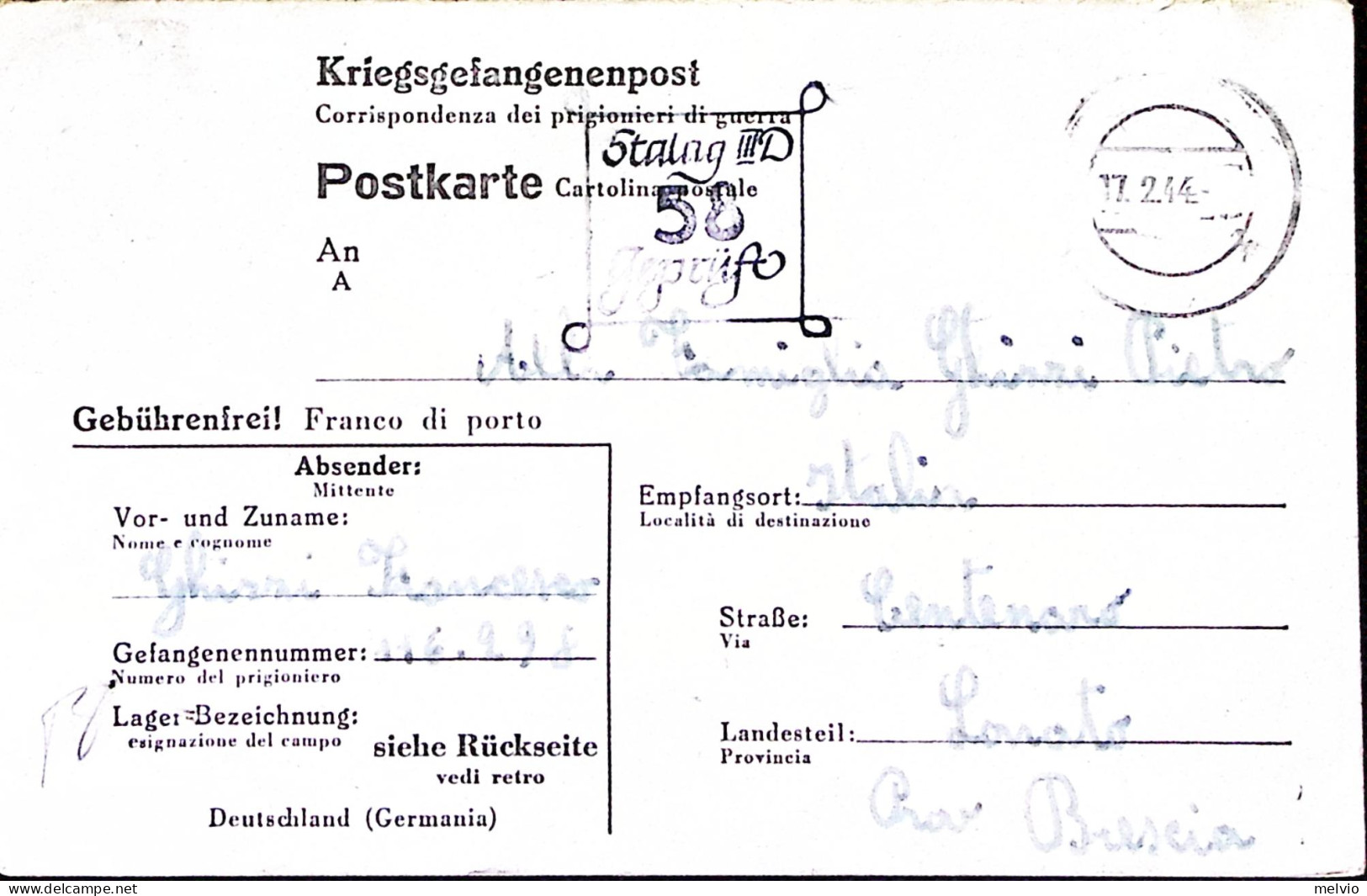 1944-STALAG III^D Su Cartolina Franchigia Da Prigioniero Guerra Italiano In Germ - Guerra 1939-45