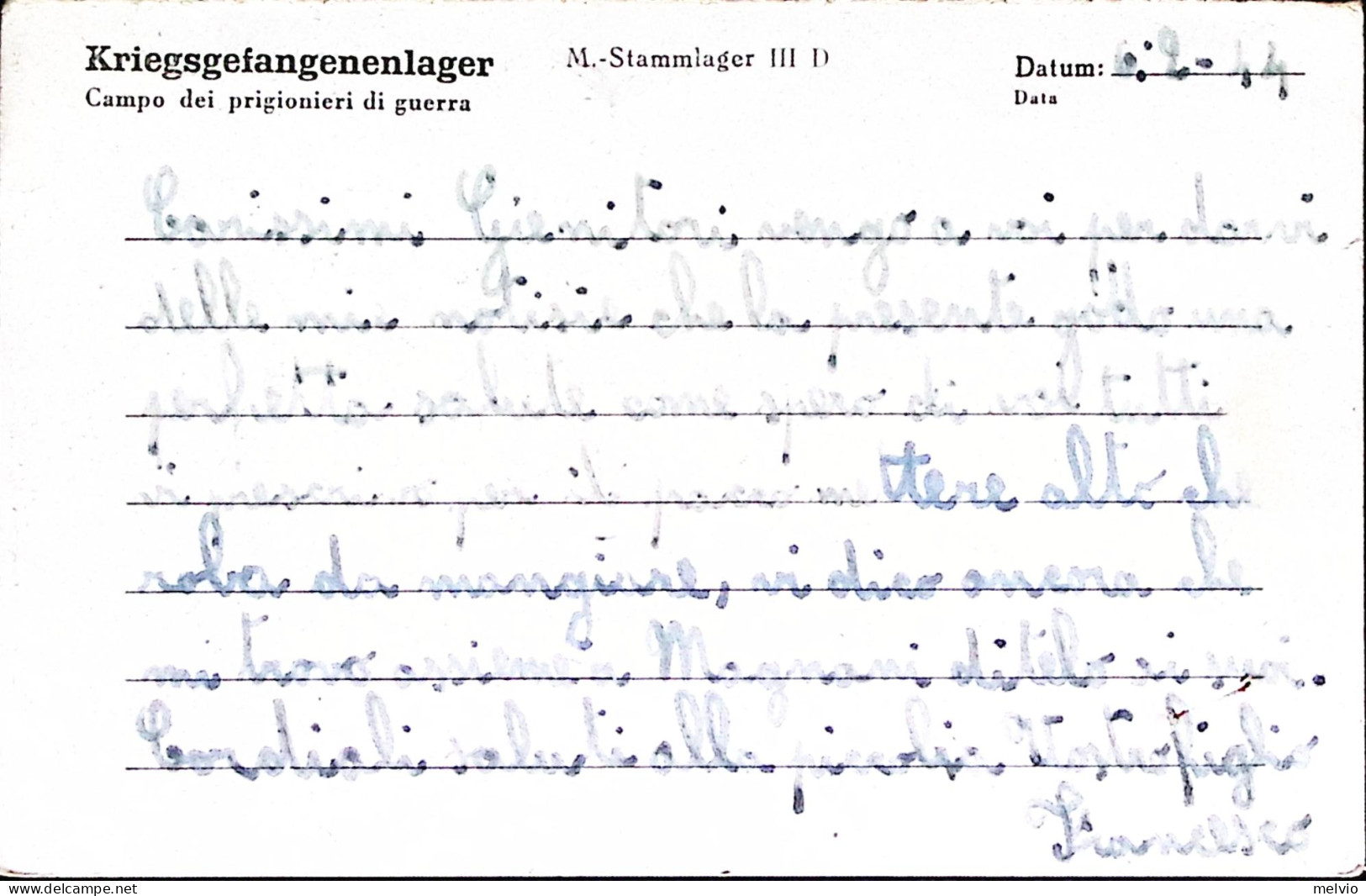 1944-STALAG III^D Su Cartolina Franchigia Da Prigioniero Guerra Italiano In Germ - Weltkrieg 1939-45