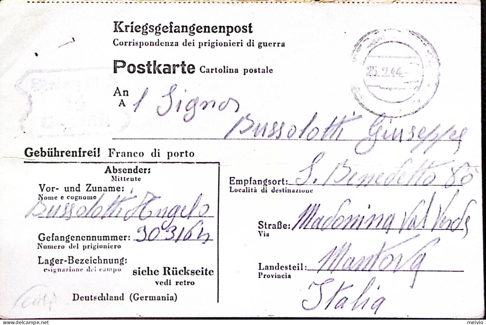 1944-STALAG III^B Su Cartolina Franchigia Da Prigioniero Guerra Italiano In Germ - Weltkrieg 1939-45