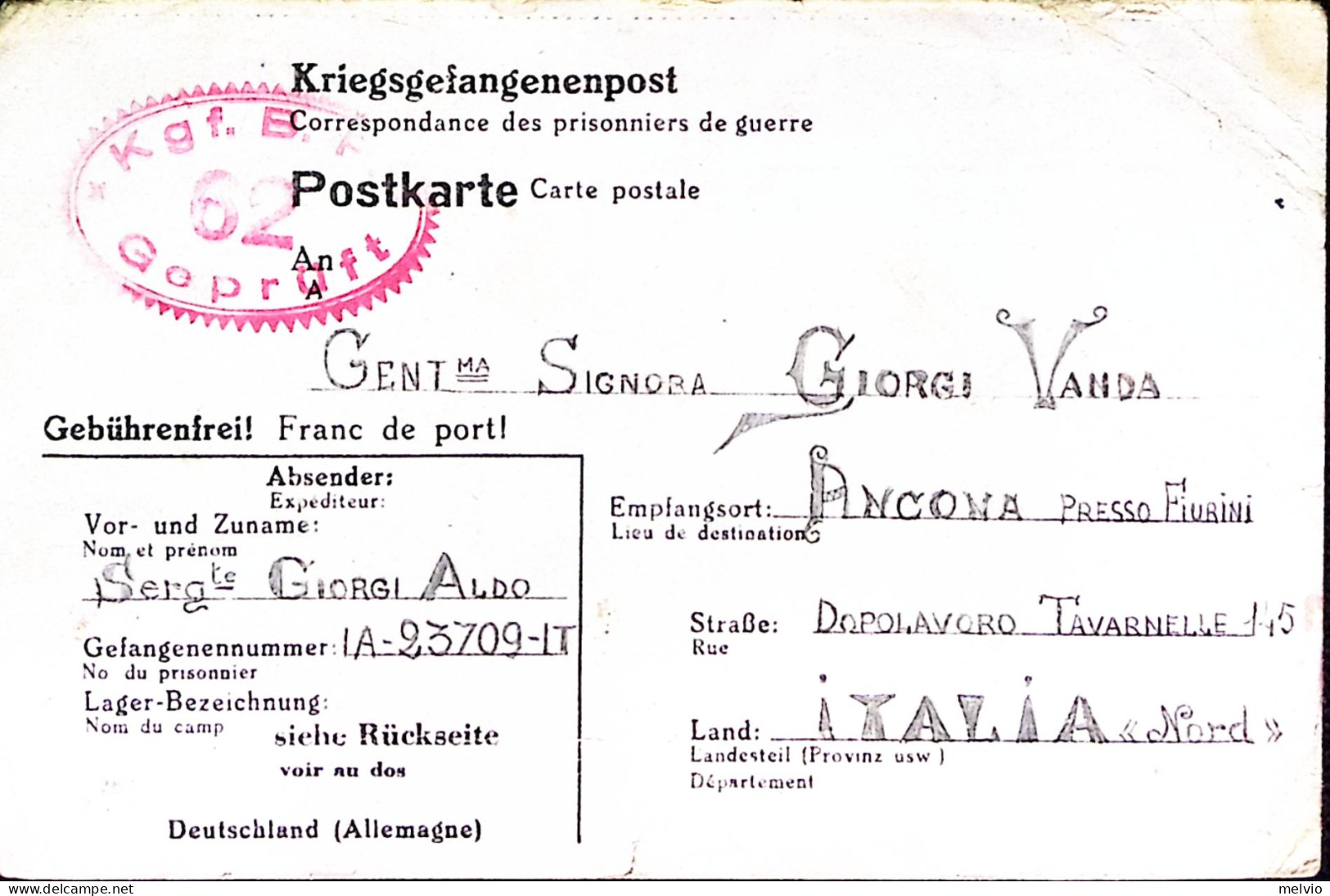 1944-STALAG I A Cartolina Franchigia Da Prigioniero Di Guerra Italiano In German - Weltkrieg 1939-45