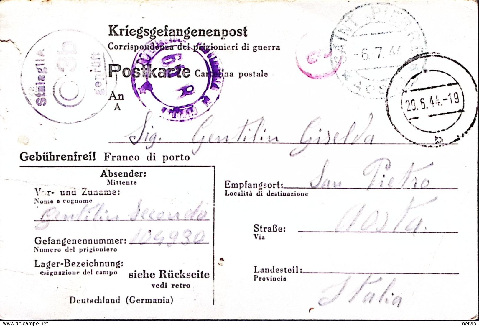 1944-STALAG II^A Su Cartolina Franchigia Da Prigioniero Guerra Italiano In Germa - Guerra 1939-45