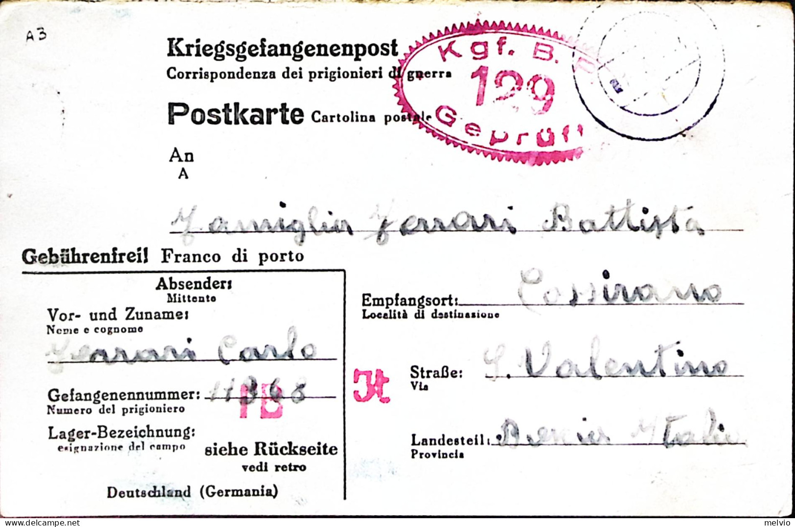 1944-STALAG I B Cartolina Franchigia Da Prigioniero Guerra Italiano In Germania - Weltkrieg 1939-45