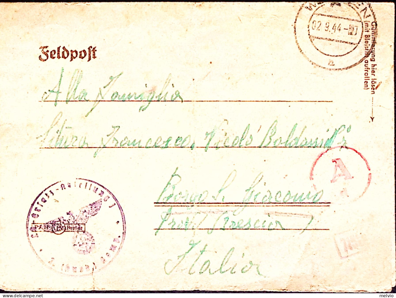 1944-ABTELLUNG 1 Tondo Su Biglietto Franchigia Vienna (2.9) - Weltkrieg 1939-45