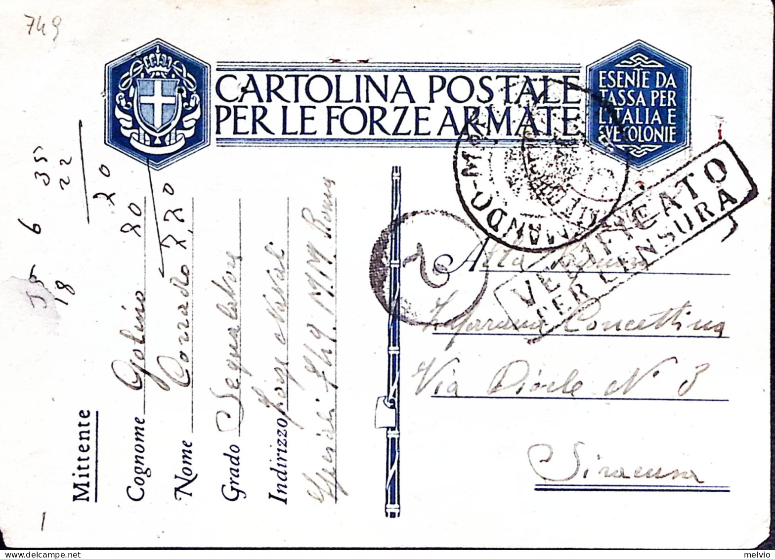 1942-FORZE NAVALI SPECIALI/n.749 Manoscritto Su Cartolina Franchigia, Fori Spill - Weltkrieg 1939-45