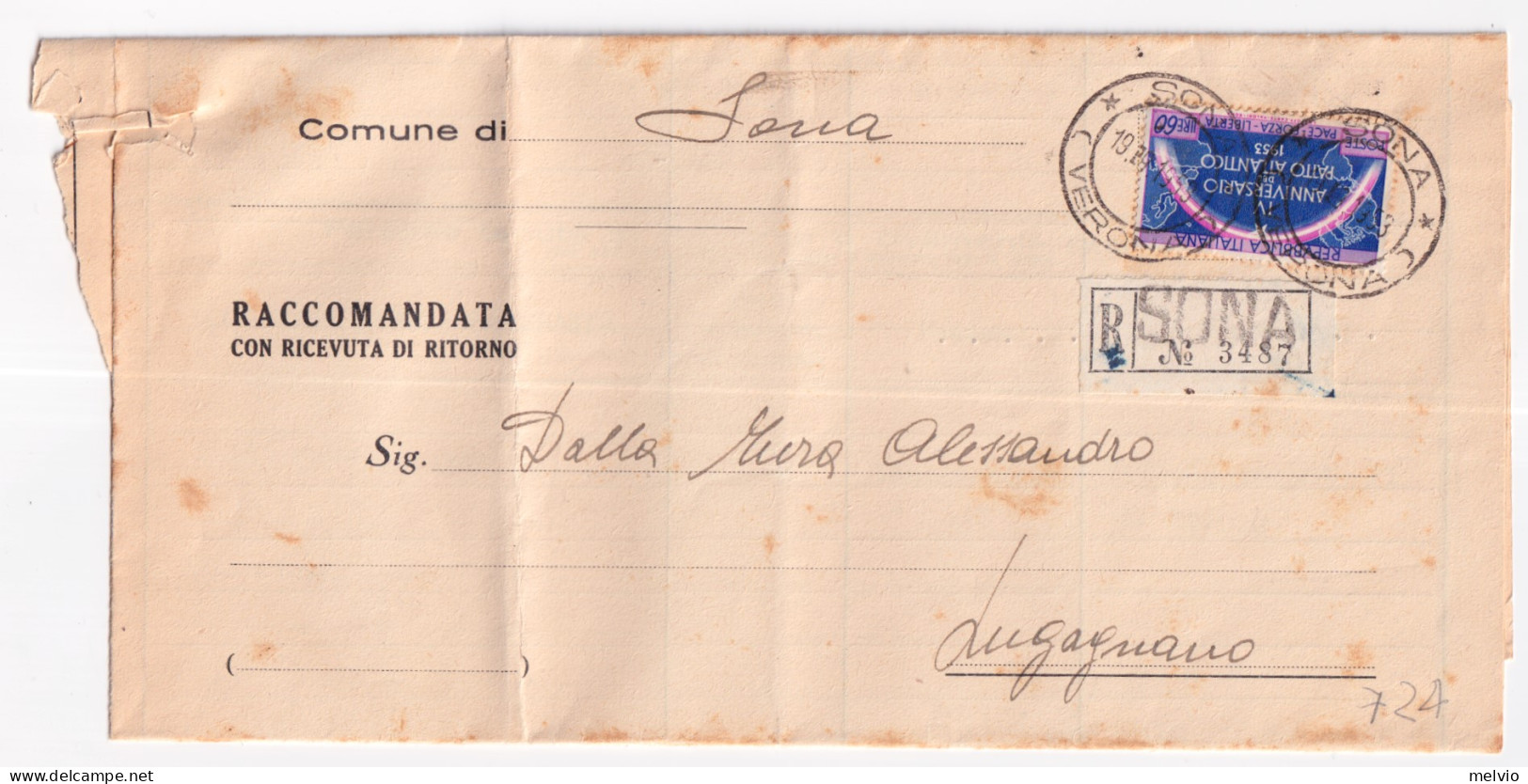1955-PATTO ATLANTICO Lire 60 Isolato Su Piego Raccomandato Sona (19.9) - 1946-60: Poststempel