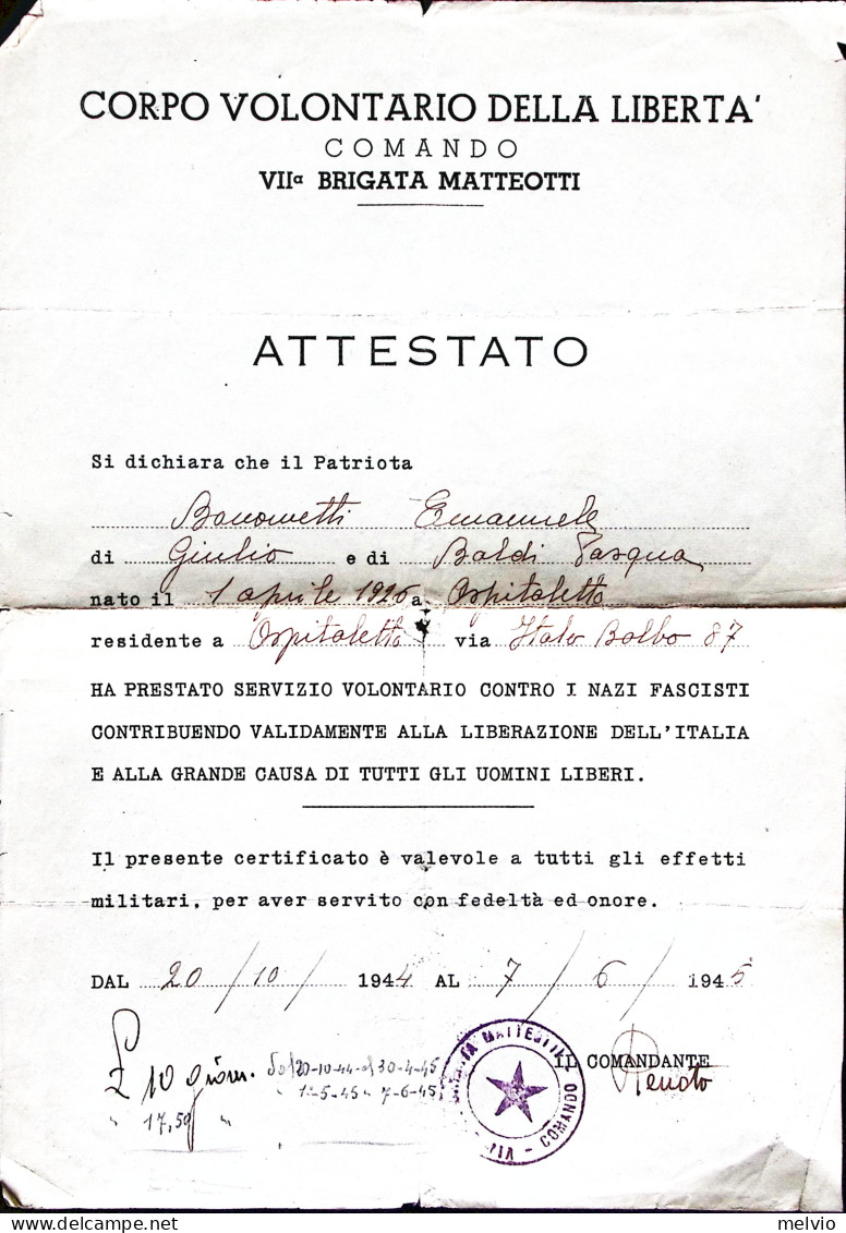 1945-COMANDO VII^BRIGATA MATTEOTTI Tondo Intestazione A Stampa Su Attestato - Weltkrieg 1939-45