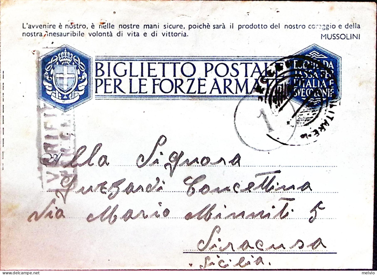 1942-R.N. MAGELLANO Manoscritto Al Verso Di Biglietto Franchigia - Weltkrieg 1939-45