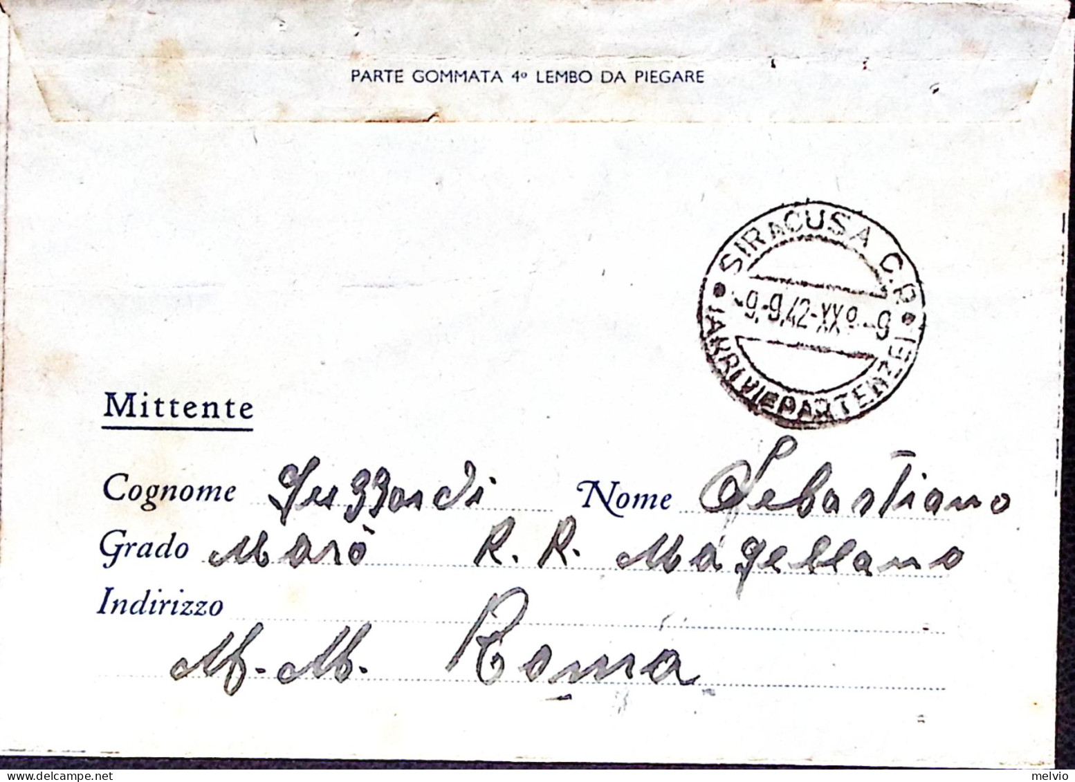 1942-R.N. MAGELLANO Manoscritto Al Verso Di Biglietto Franchigia - Weltkrieg 1939-45