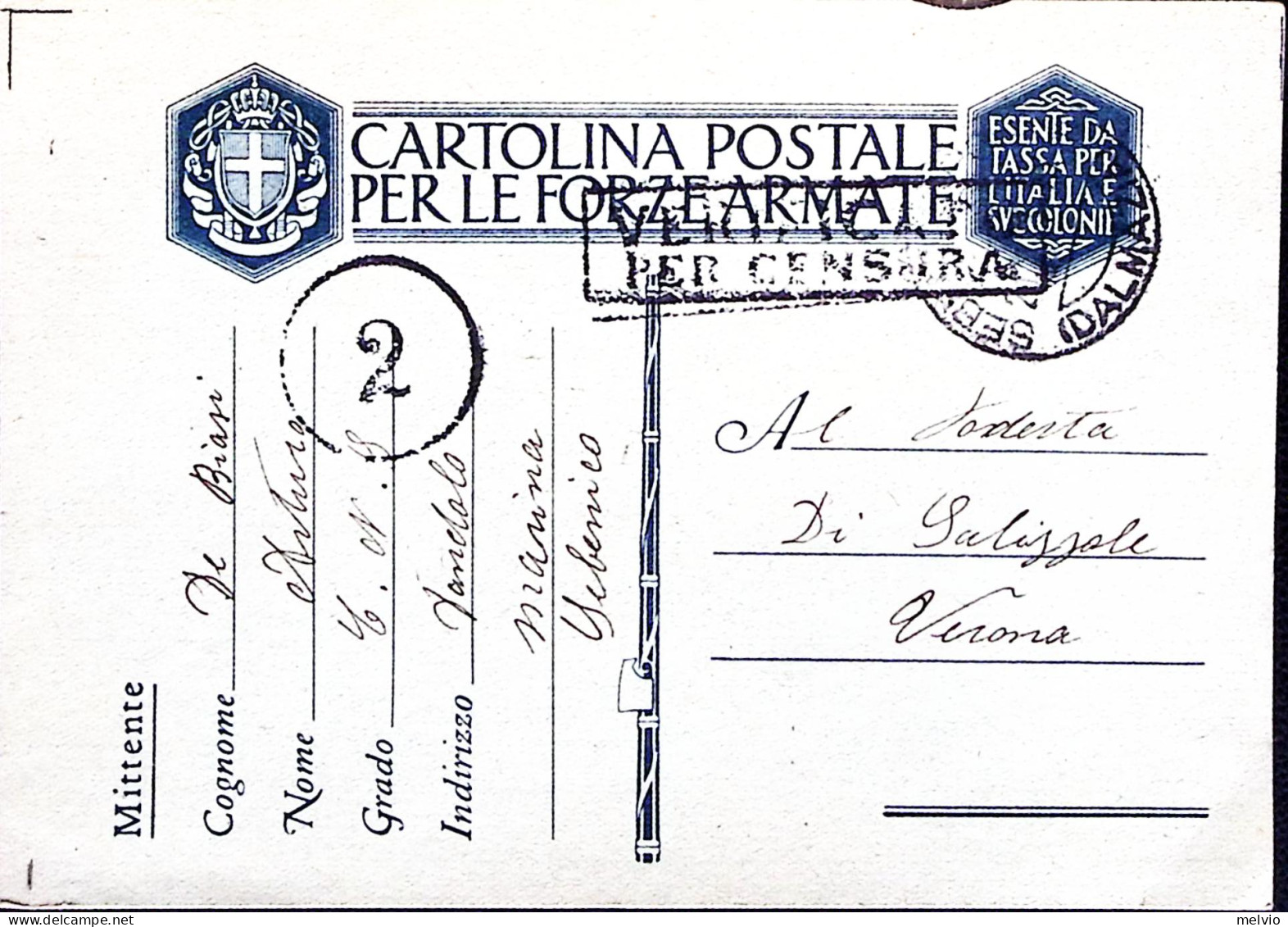 1941-R.NAVE DANDOLO Sebenico Manoscritto Su Cartolina Franchigia Sebenico (20.10 - Weltkrieg 1939-45