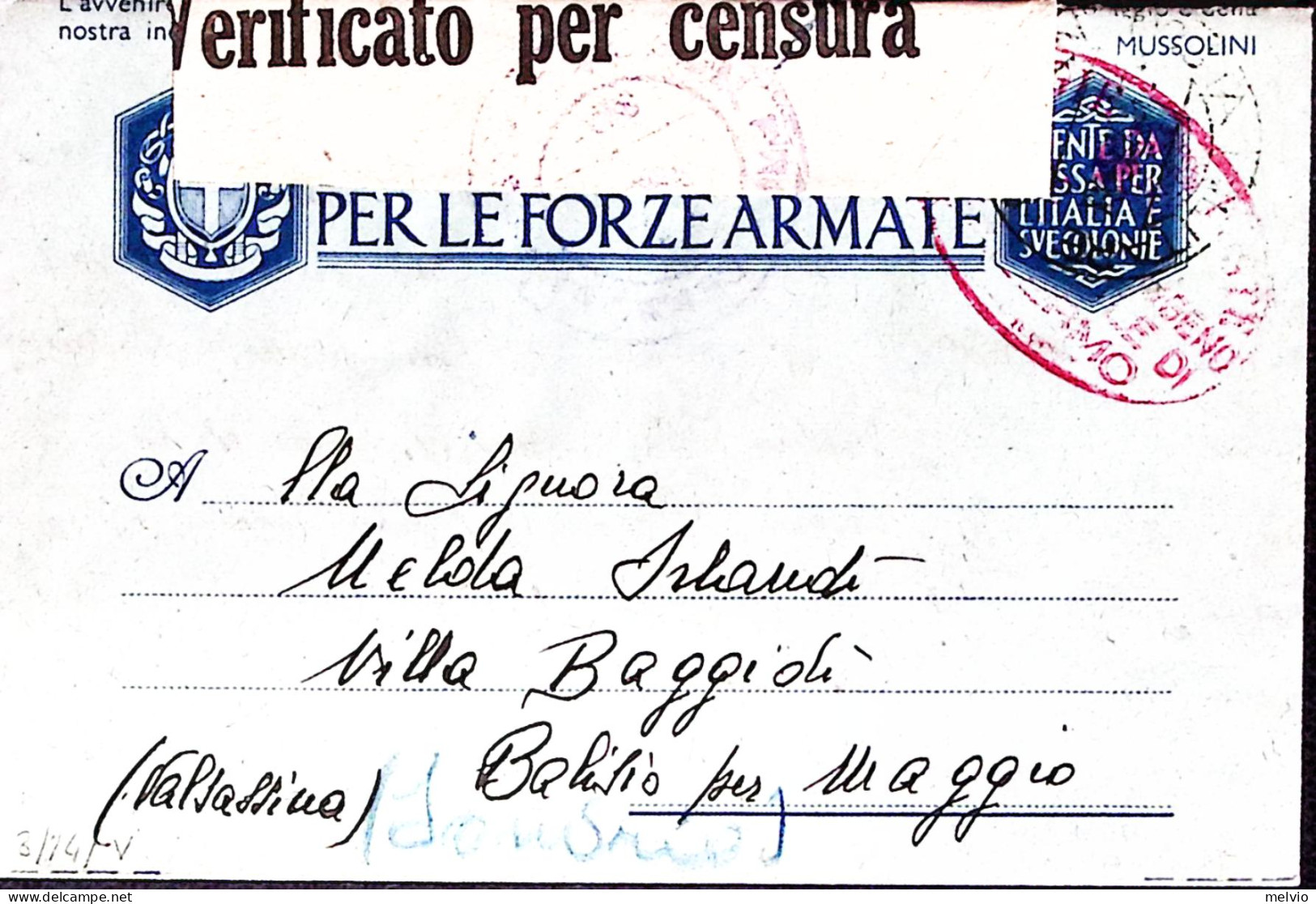 1942-COMANDO MARINA PALERMO Man0scritto Al Verso Di Biglietto Franchigia (7.7) - Weltkrieg 1939-45