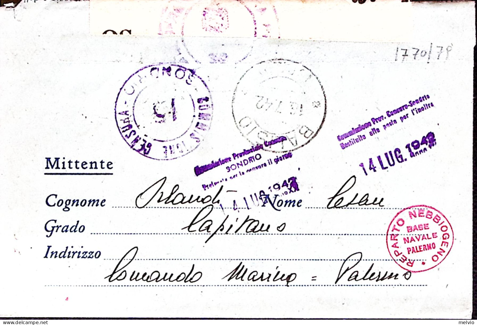 1942-COMANDO MARINA PALERMO Man0scritto Al Verso Di Biglietto Franchigia (7.7) - Guerra 1939-45