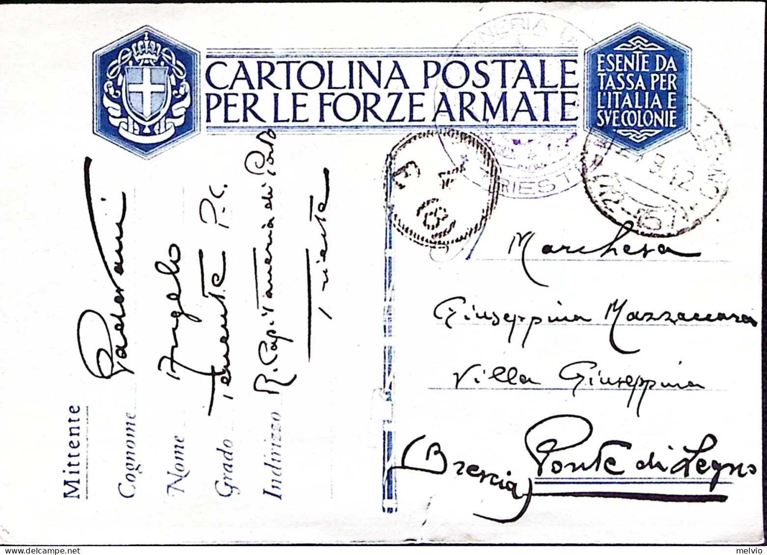 1942-CAPITANERIA PORTO TRIESTE Manoscritto, Su Cartolina Franchigia (17.9) - Weltkrieg 1939-45