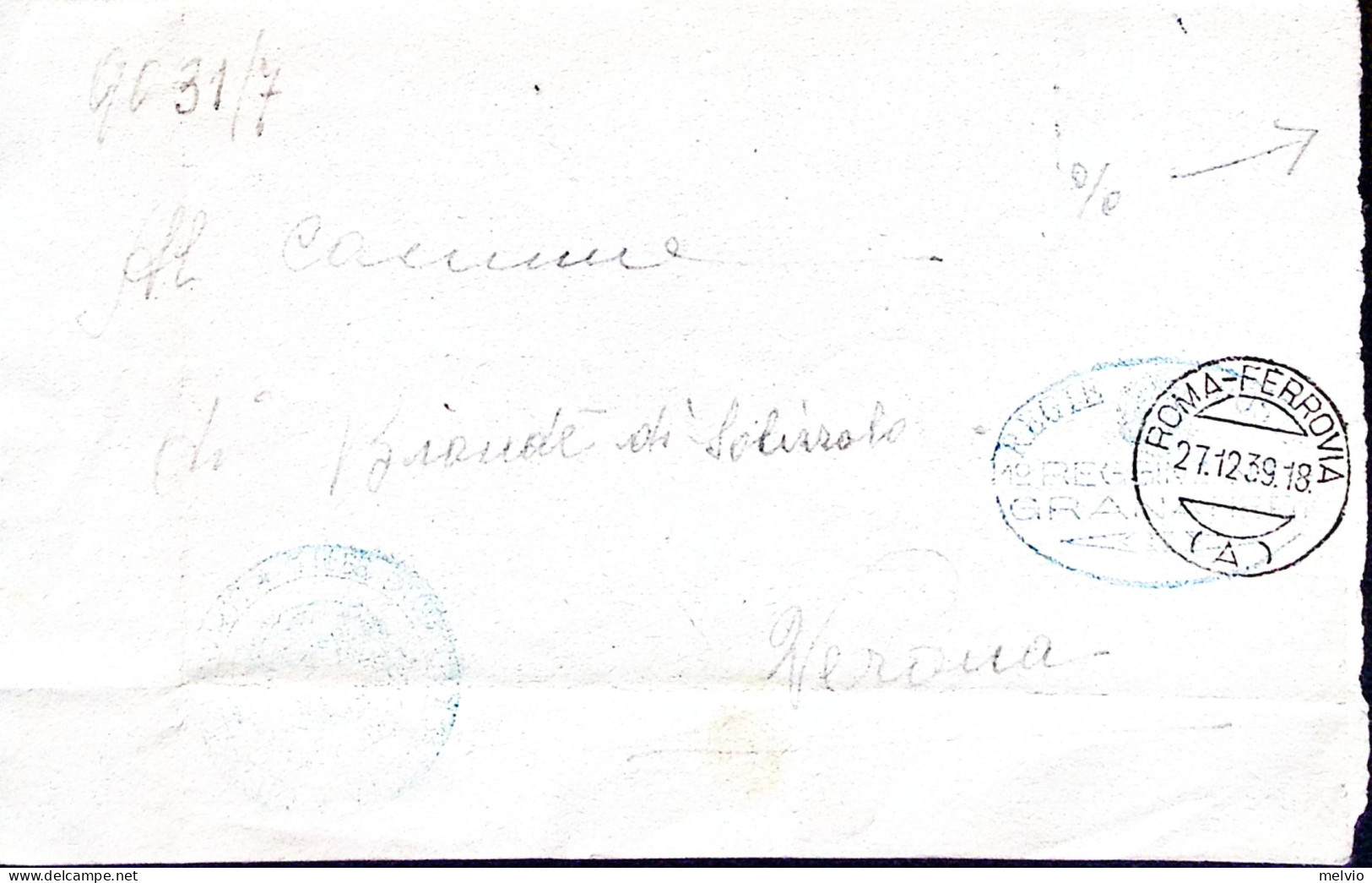1939-ANNULLO MUTO (29.12) Al Verso Di Piego Da 1 RGT. Granatieri Ovale - Poststempel