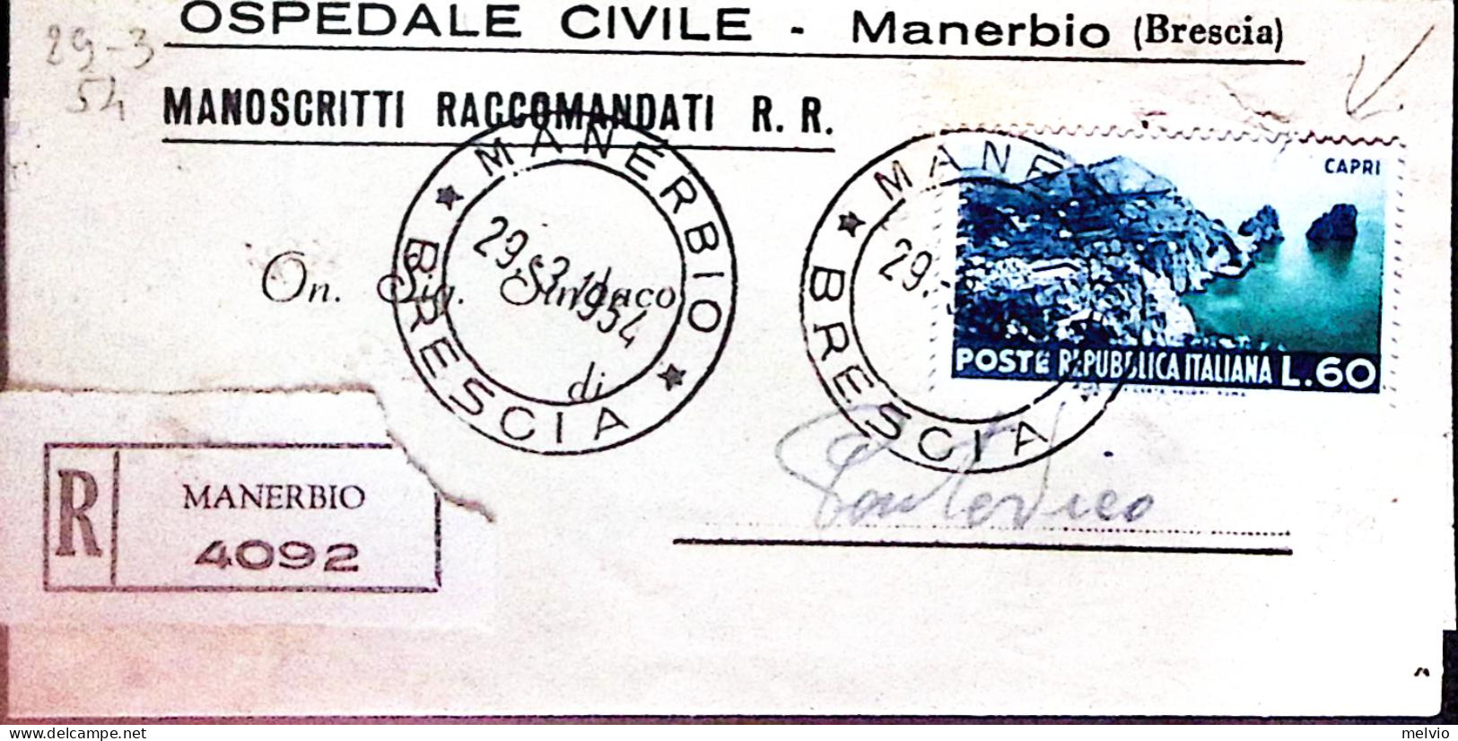 1954-TURISTICA Lire 60 Isolato Su Piego Raccomandato Manerbio (29.3) - 1946-60: Poststempel