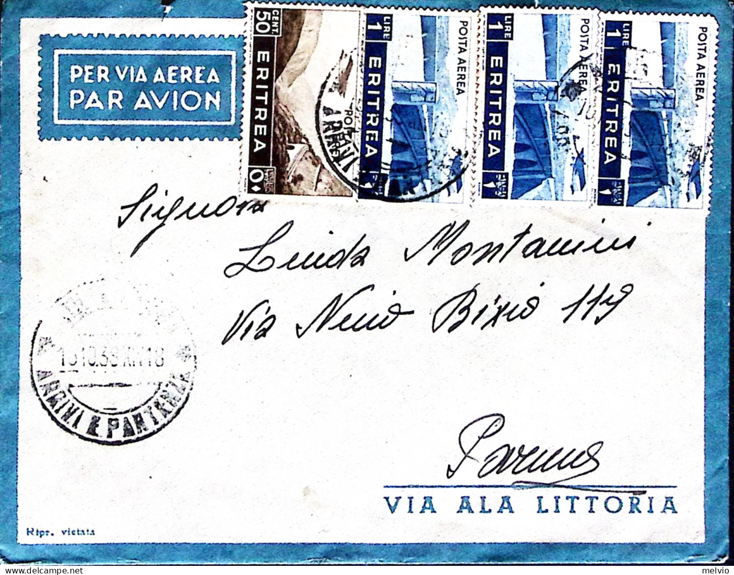 1938-P.A. ERITREA C.50 E Due Lire 1 Su Busta Via Aerea - Eritrea