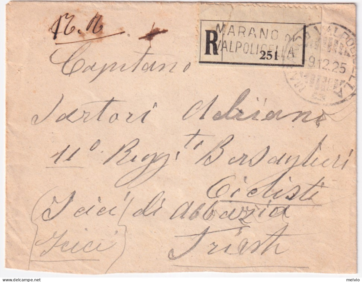 1925-VILLE D ICICI/ISTRIA In Arrivo (11.12) Al Verso Di Raccomandata Marano Di V - Poststempel
