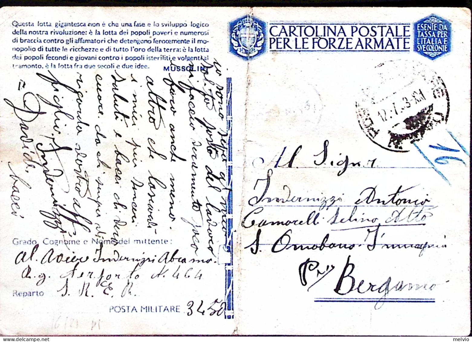 1943-R.AEREOPORTO N.464 Manoscritto Su Cartolina Franchigia Posta Militare/3450  - Guerre 1939-45