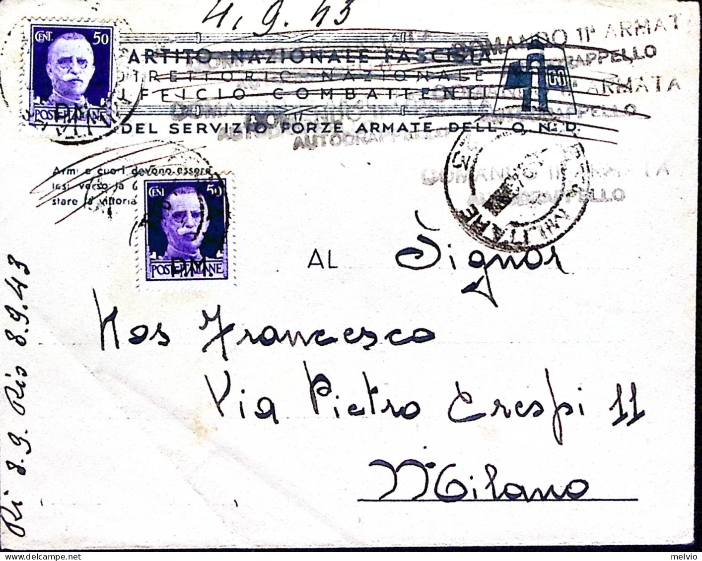 1943-Posta Militare/23 C.2 (8.9 Data Dell'armistizio) Su Busta O.N.D. Via Aerea - Guerre 1939-45