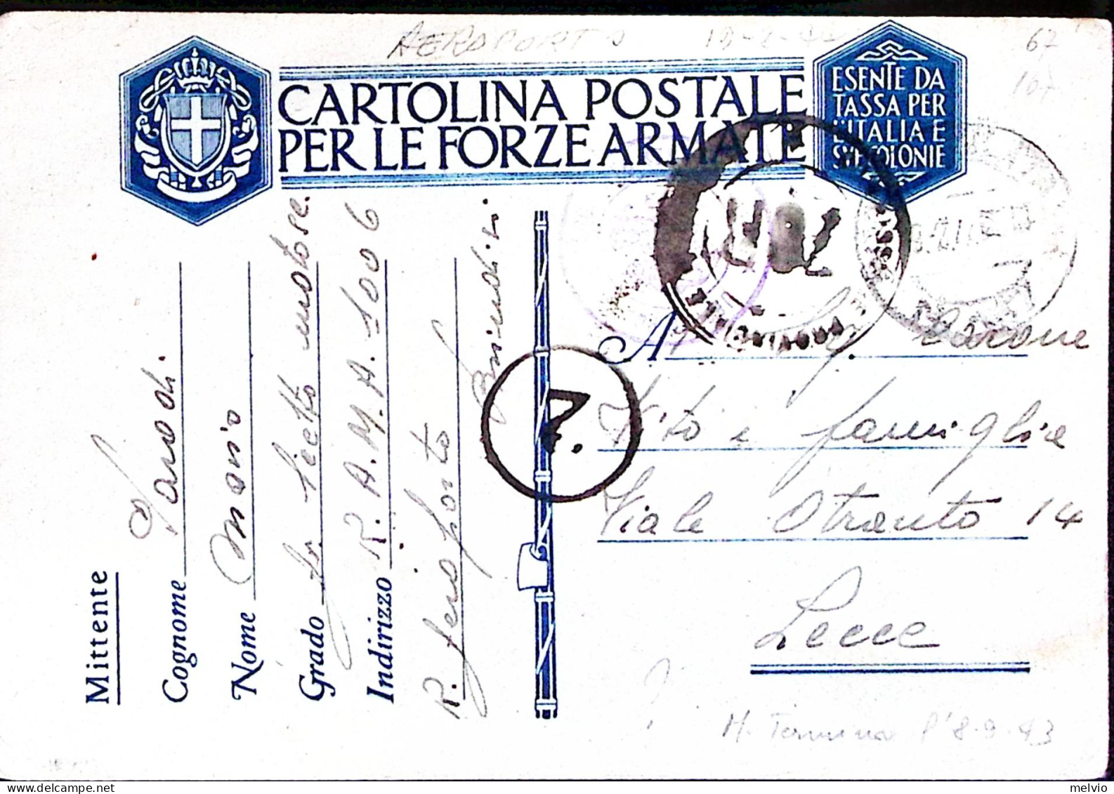 1944-R.AEREOPORTO BRINDISI Manoscritto Su Cartolina Franchigia Viaggiata (19.2) - Guerre 1939-45
