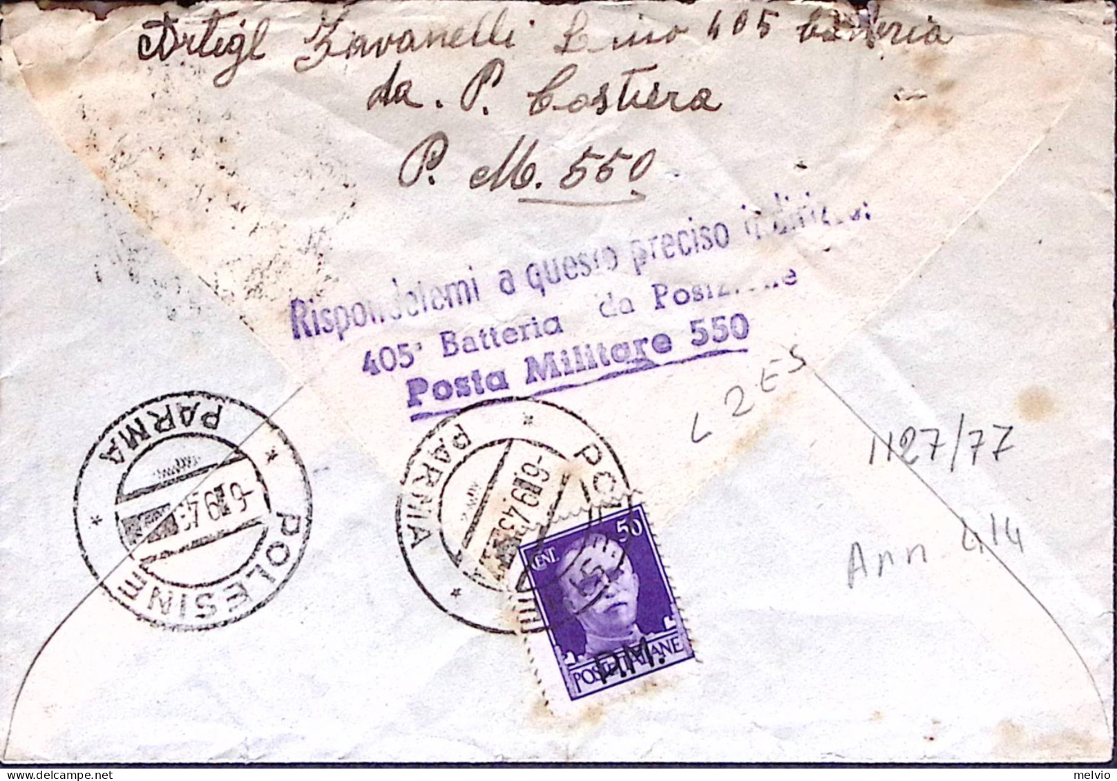 1943-Posta Militare/n.550 C.2 (3.8) Su Busta Affrancata Al Verso - Guerre 1939-45