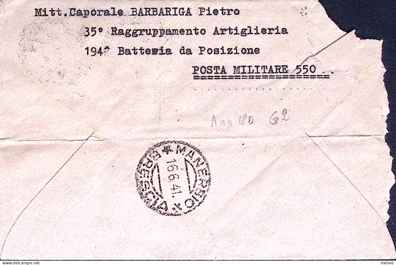 1941-Posta Militare/n.550 / SERVIZIO VOLANTE 1 C.2 (12.6 Primo Giorno Apertura S - Egeo