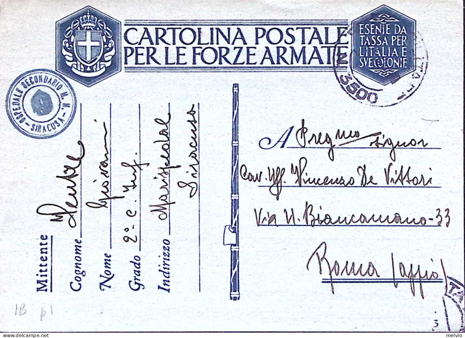 1942-Posta Militare/n.3500 C.2 Blu (8.5) Su Cartolina Franchigia - Guerra 1939-45