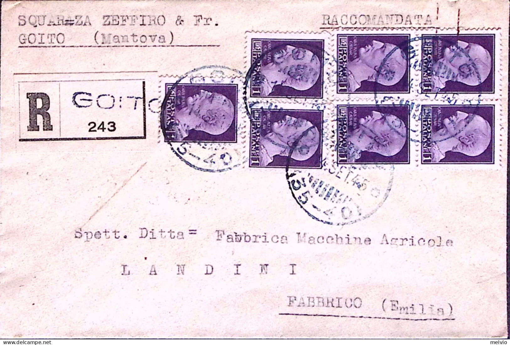 1945-Imperiale S.F. Singolo, Coppia E Blocco Di Quattro Lire 1, Su Raccomandata  - Poststempel