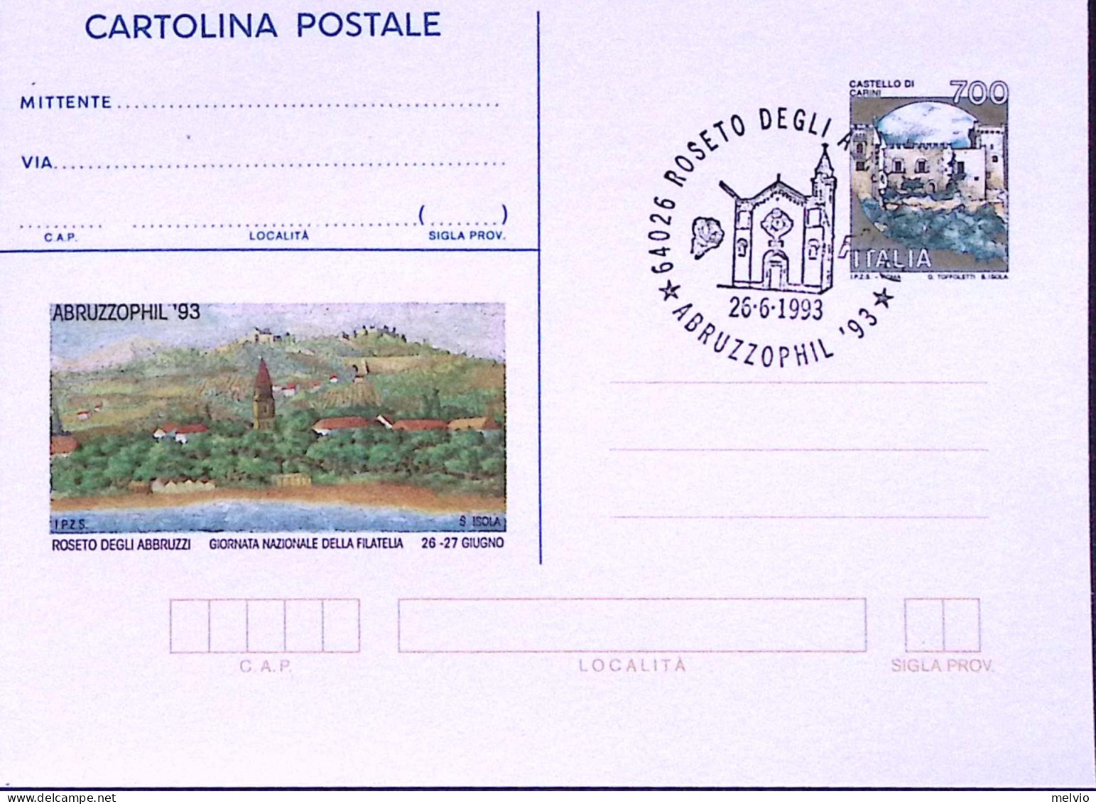 1993-ABRUZZOPHIL Cartolina Postale Castelli Lire 700, Annullo Speciale - Postwaardestukken