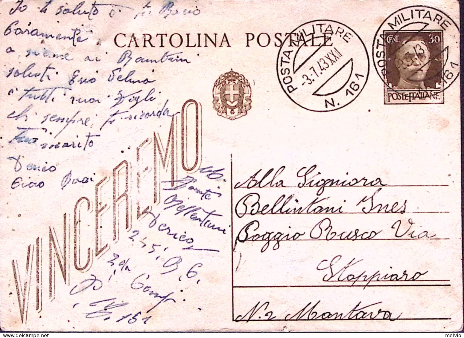 1943-Posta Militare/n.161 C.2 (3.7) Su Cartolina Postale, Vinceremo C.30, Fori S - Guerra 1939-45