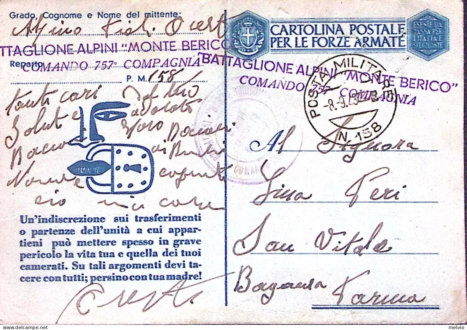 1943-Posta Militare/n.158 C.2 (8.9 Data Dell'armistizio) E Lineare Btg. Monte Be - Guerra 1939-45