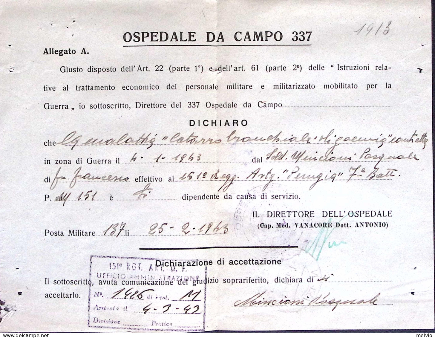 1943-OSPEDALE Da CAMPO N.337 Lineare Su Piego Posta Militare N.137 (1.3) - Guerra 1939-45