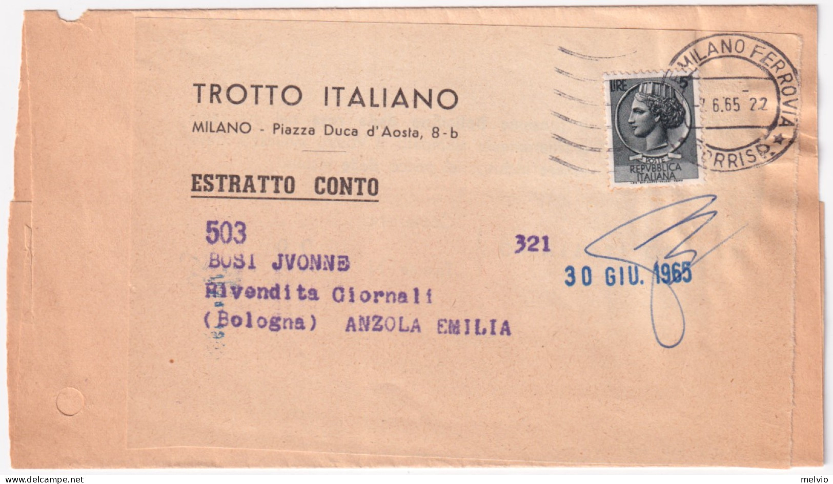 1965-Siracusana Lire 5 Isolato Su Estratto Conto Giornali - 1961-70: Poststempel