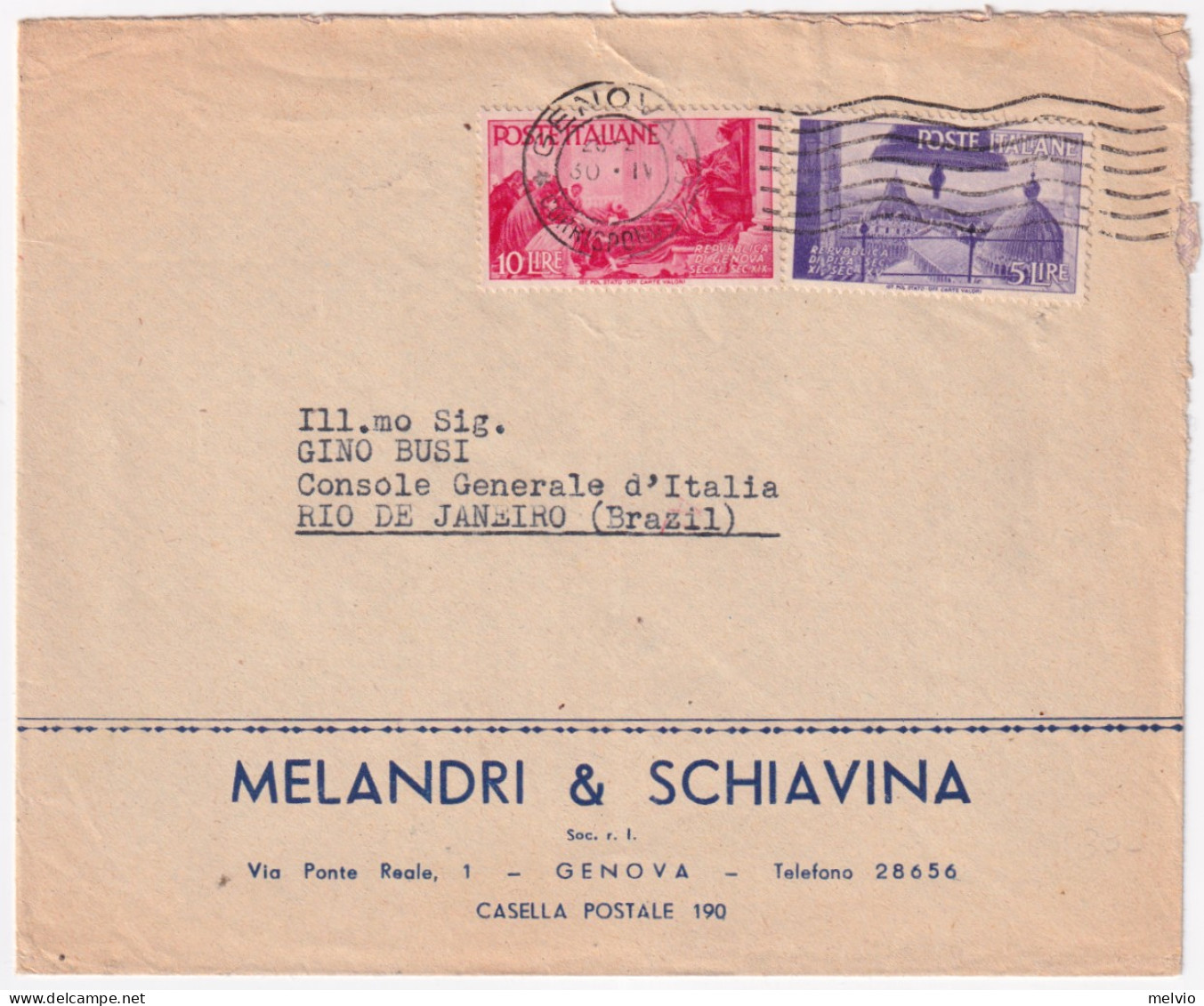 1948-MEDIEVALI Lire 5 E 10 (570/1) Su Busta Genova (10.4) Per Il Brasile - 1946-60: Poststempel