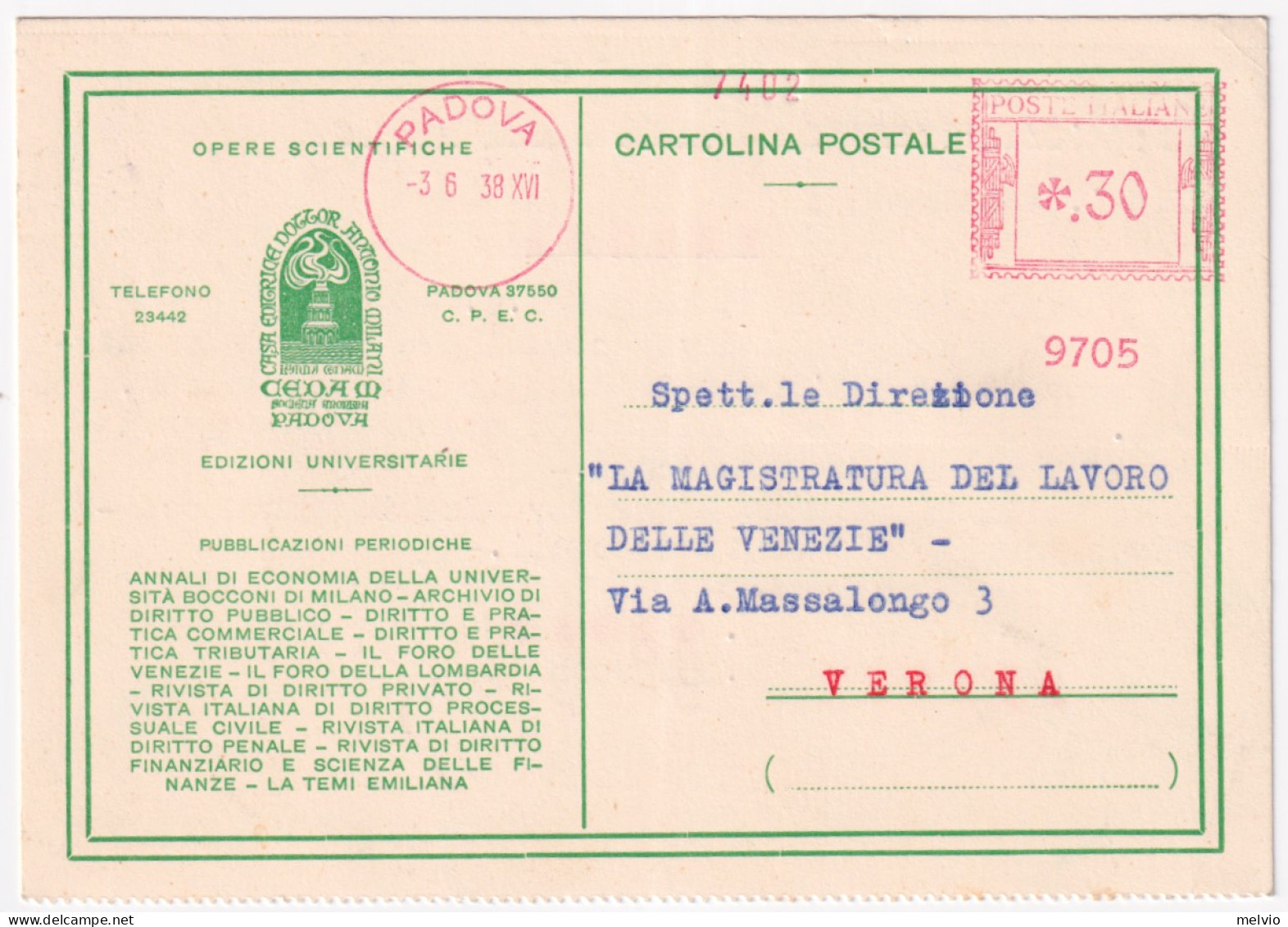 1938-AFFRANCATURA MECCANICA (ROSSA) Padova (3.6) C.30 Su Cartolina - Maschinenstempel (EMA)