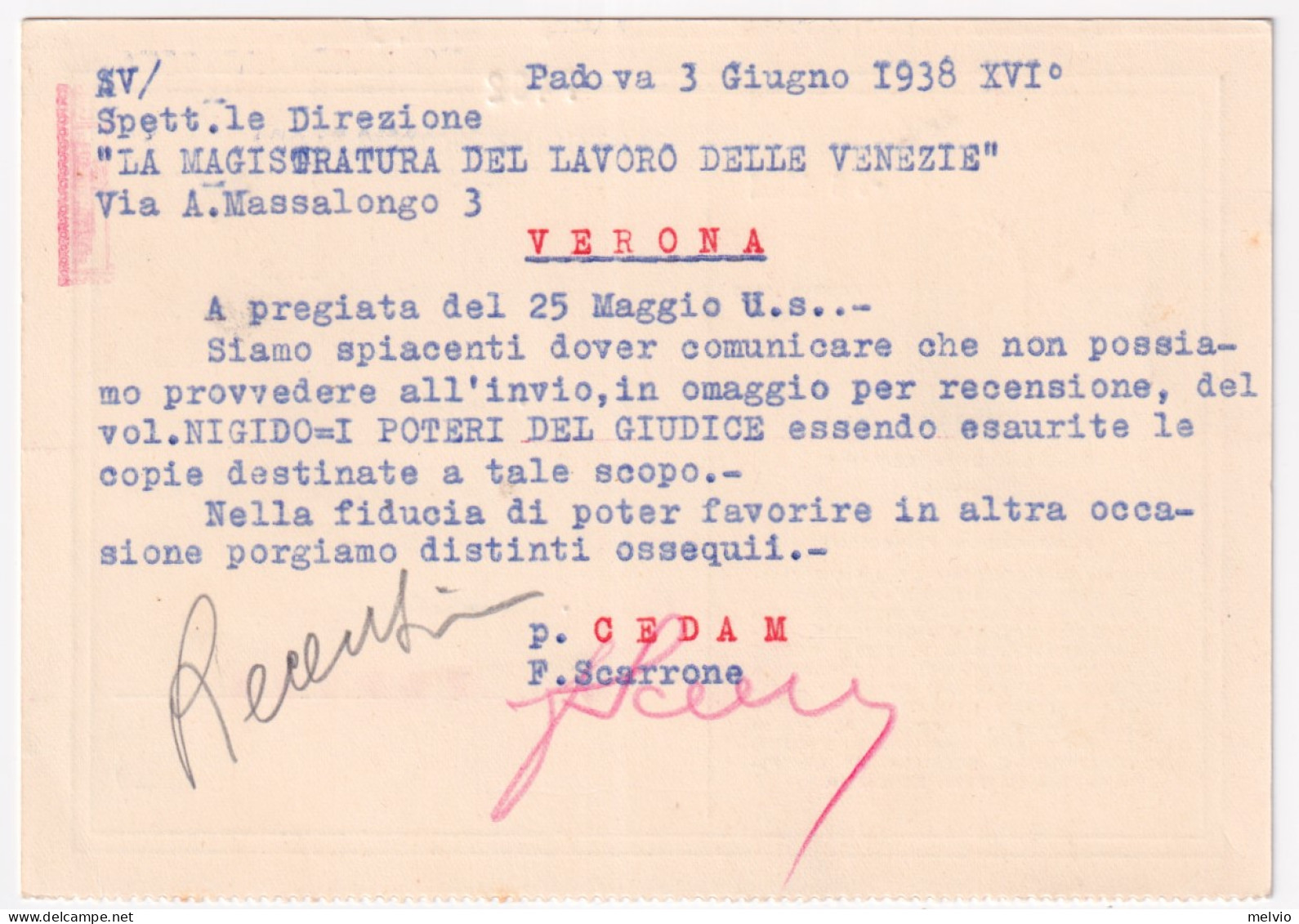 1938-AFFRANCATURA MECCANICA (ROSSA) Padova (3.6) C.30 Su Cartolina - Maschinenstempel (EMA)