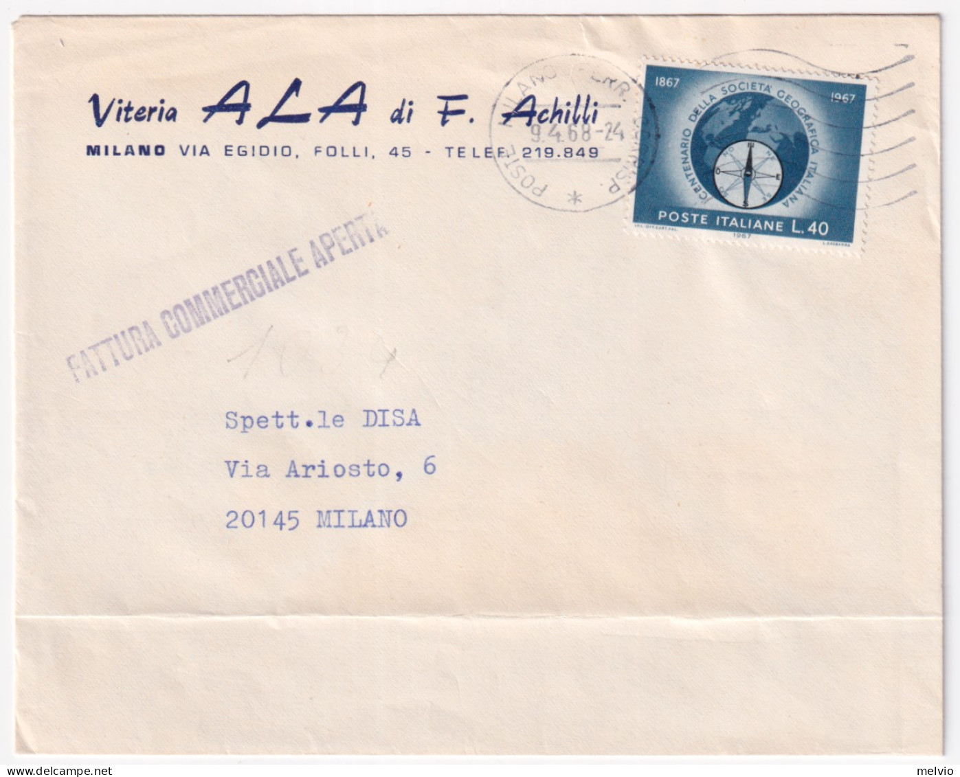 1968-SOCIETA' GEOGRAFICA (1034) Isolato Su Fattura Commerciale - 1961-70: Poststempel