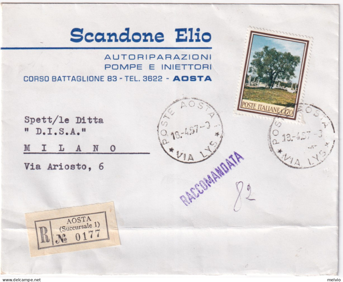 1967-PARCHI Lire 170 (1023) Isolato Su Raccomandata Aosta (18.4) - 1961-70: Poststempel
