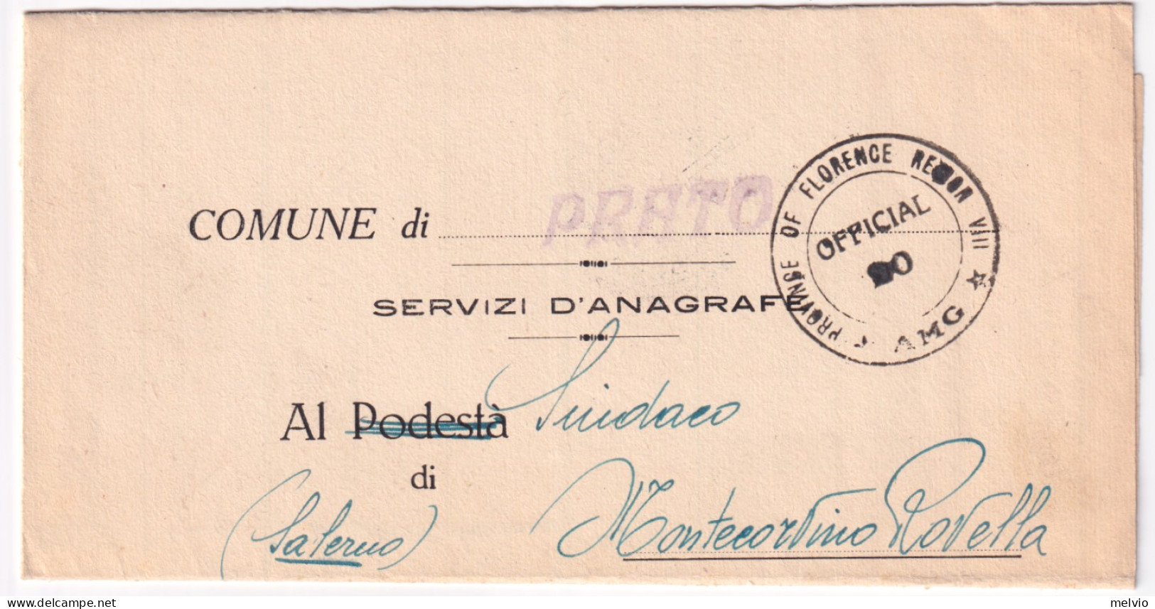 1945-PROVINCE OF FLORENCE REGION VIII/AMG Tondo Su Piego Manoscritto All Interno - Poststempel