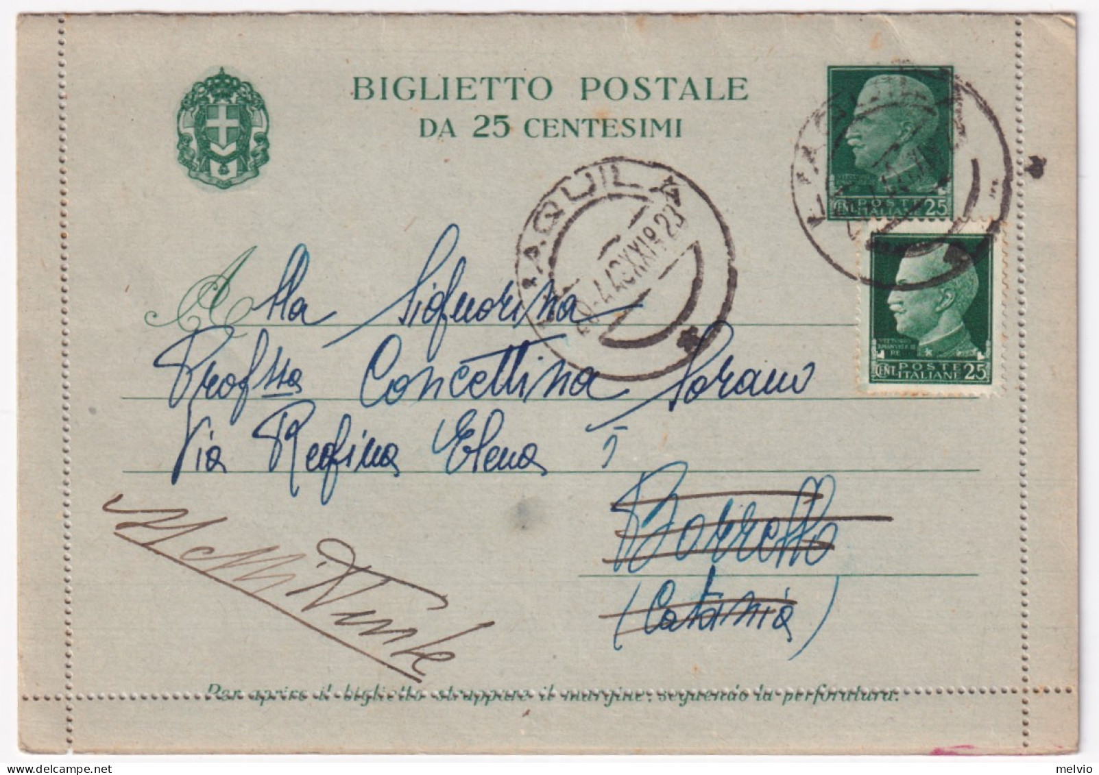 1942-BIGLIETTO POSTALE Imperiale C.25 (bordi Integri) Francobollo Aggiunto Imper - Entero Postal