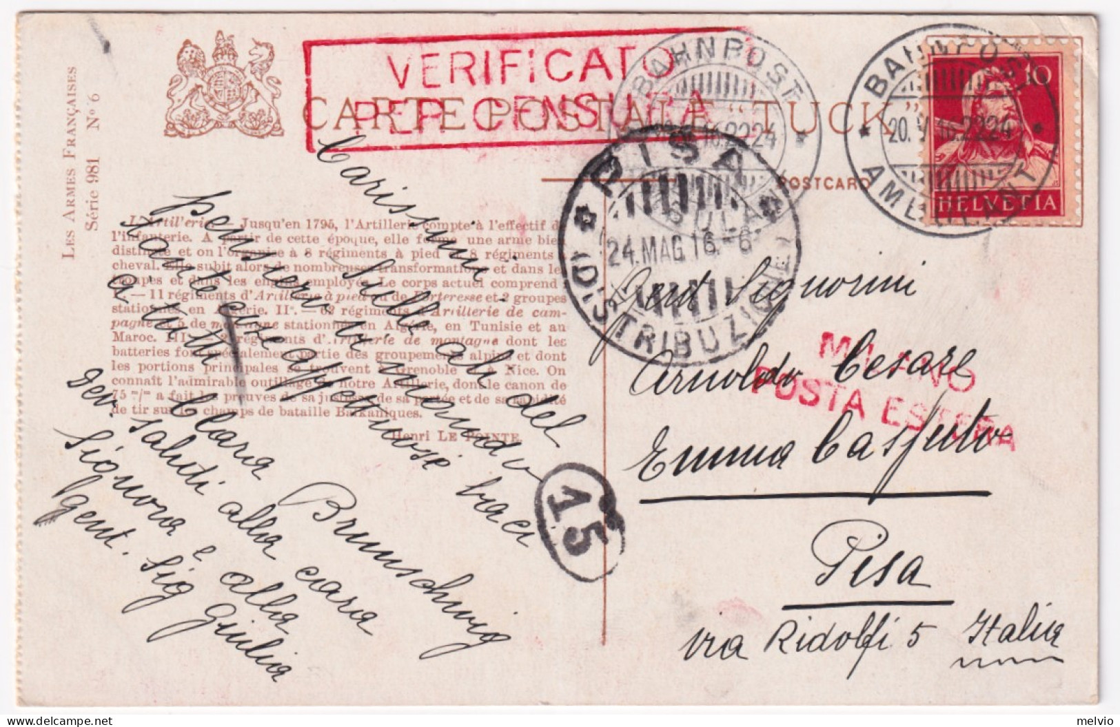 1916-Svizzera Bahnpost/Ambulant (20.5) Su Cartolina (Artillerie De Campagne) Per - Poststempel