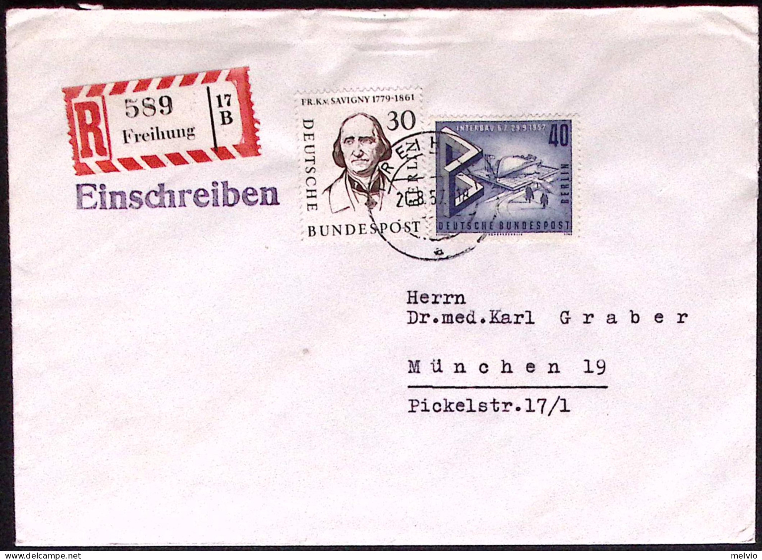 1957-Germania Raccoamandata Affrancata Con Due Valori Commemorativi - Cartas & Documentos