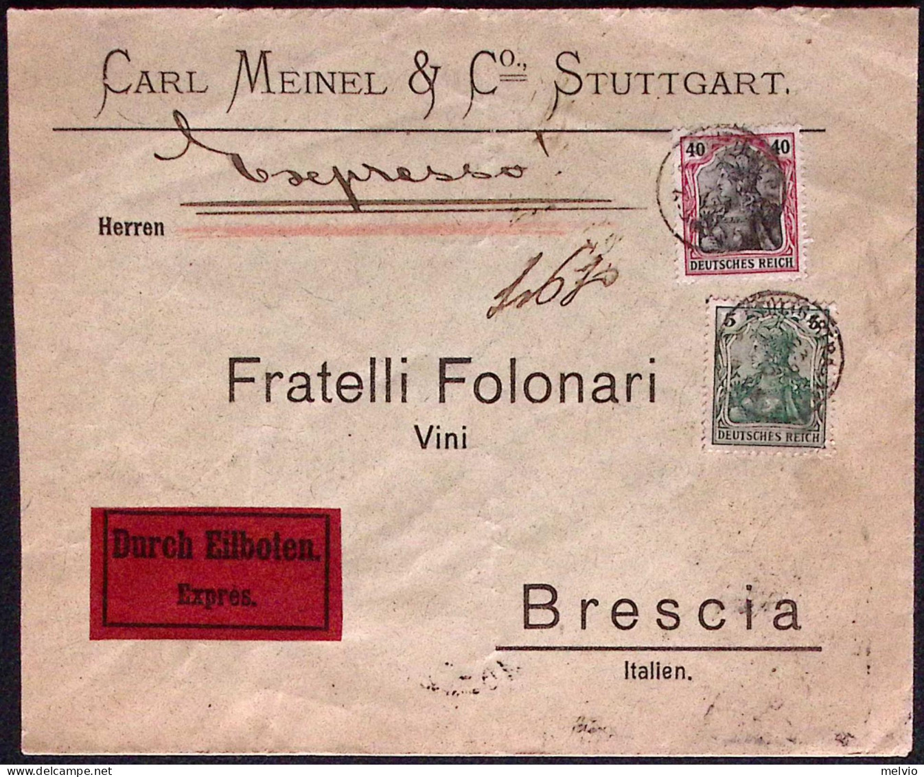 1915-Germania Espreoo Per Brescia Affrancato 5pf. (dente Corto) + 40 Pf. Perfett - Usati