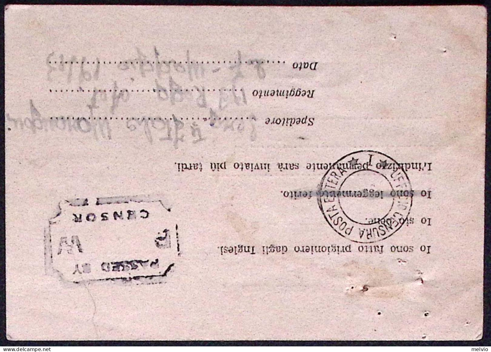 1943-Army Form W 3054 Carta Postale In Franchigia Per Uso Prigionieri Di Guerra, - Guerra 1939-45