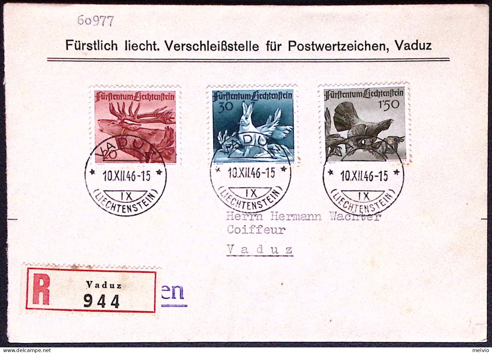 1946-Liechtenstein Raccomandata Affr. Serie 3 Valori Caccia Con Annullo Fdc - Andere & Zonder Classificatie