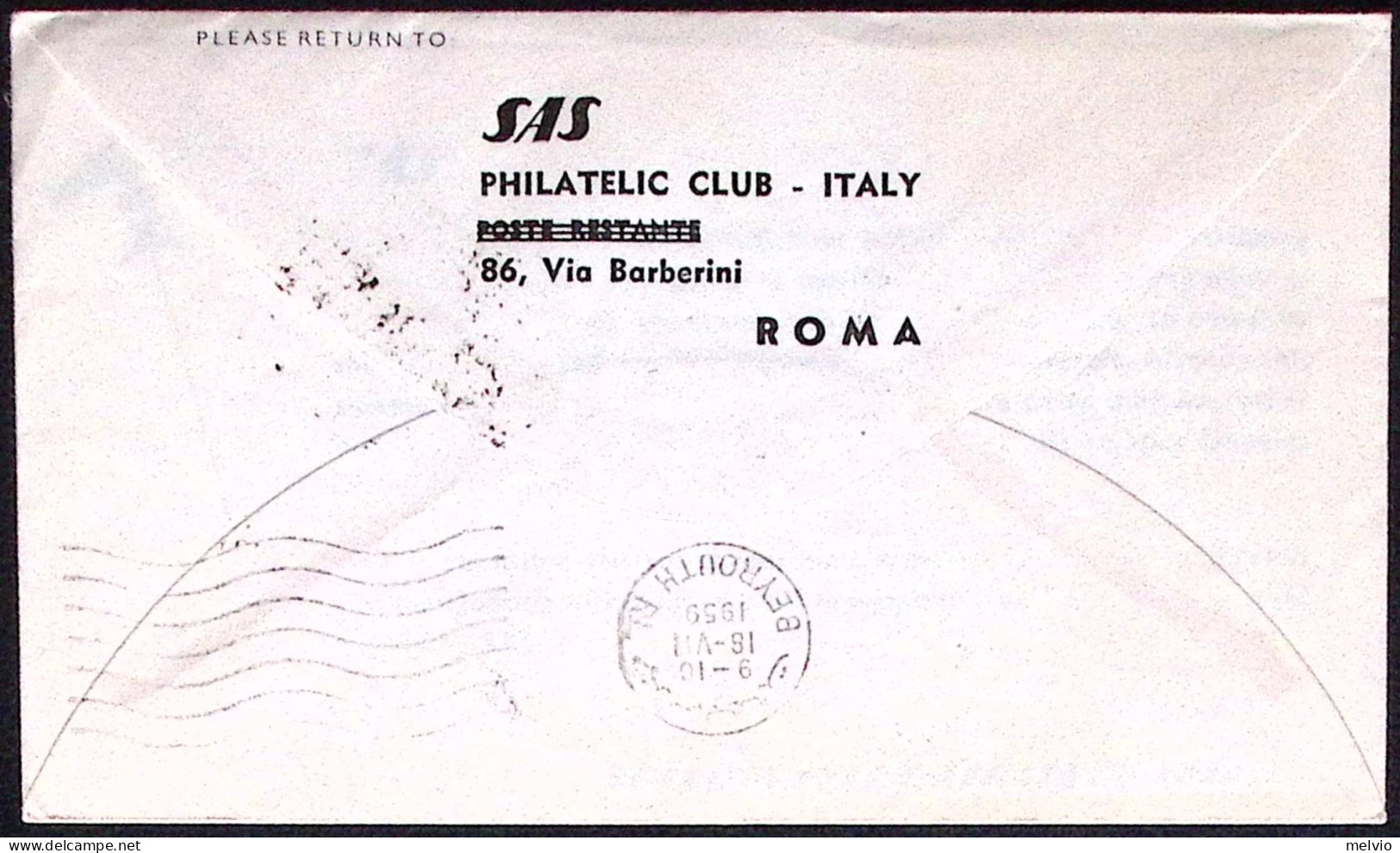 1959-bollo Azzurro SAS I Volo Caravelle Roma-Teheran Del 17 Luglio Affr. L. 25 G - Poste Aérienne